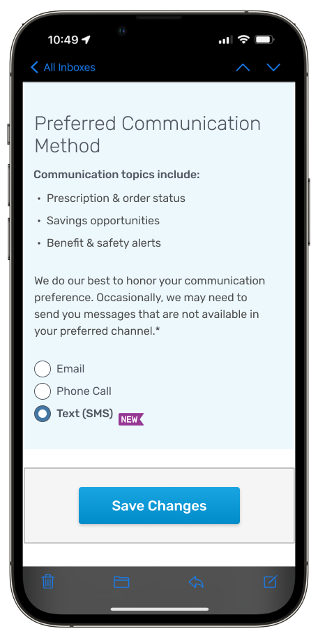 Preferred Communication Method screen on the Express Scripts® Pharmacy mobile app, with “Text” selected as a member’s preferred option