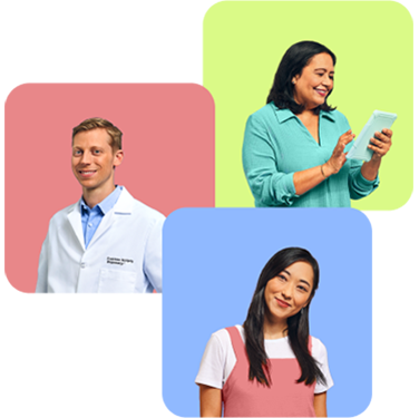 Customers and a pharmacist smiling.